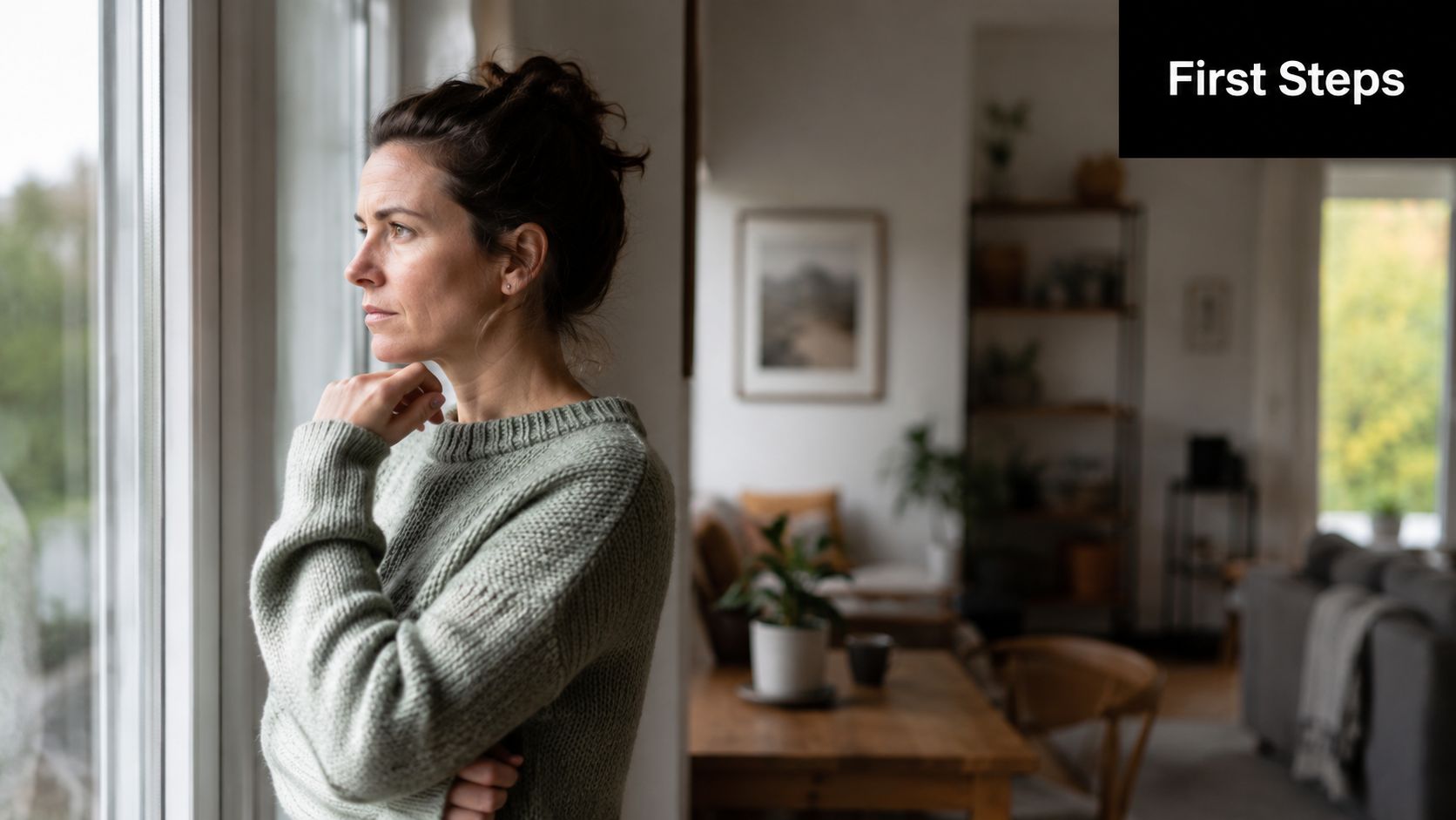 A pensive woman in a green sweater stands by a window in a softly lit living room.