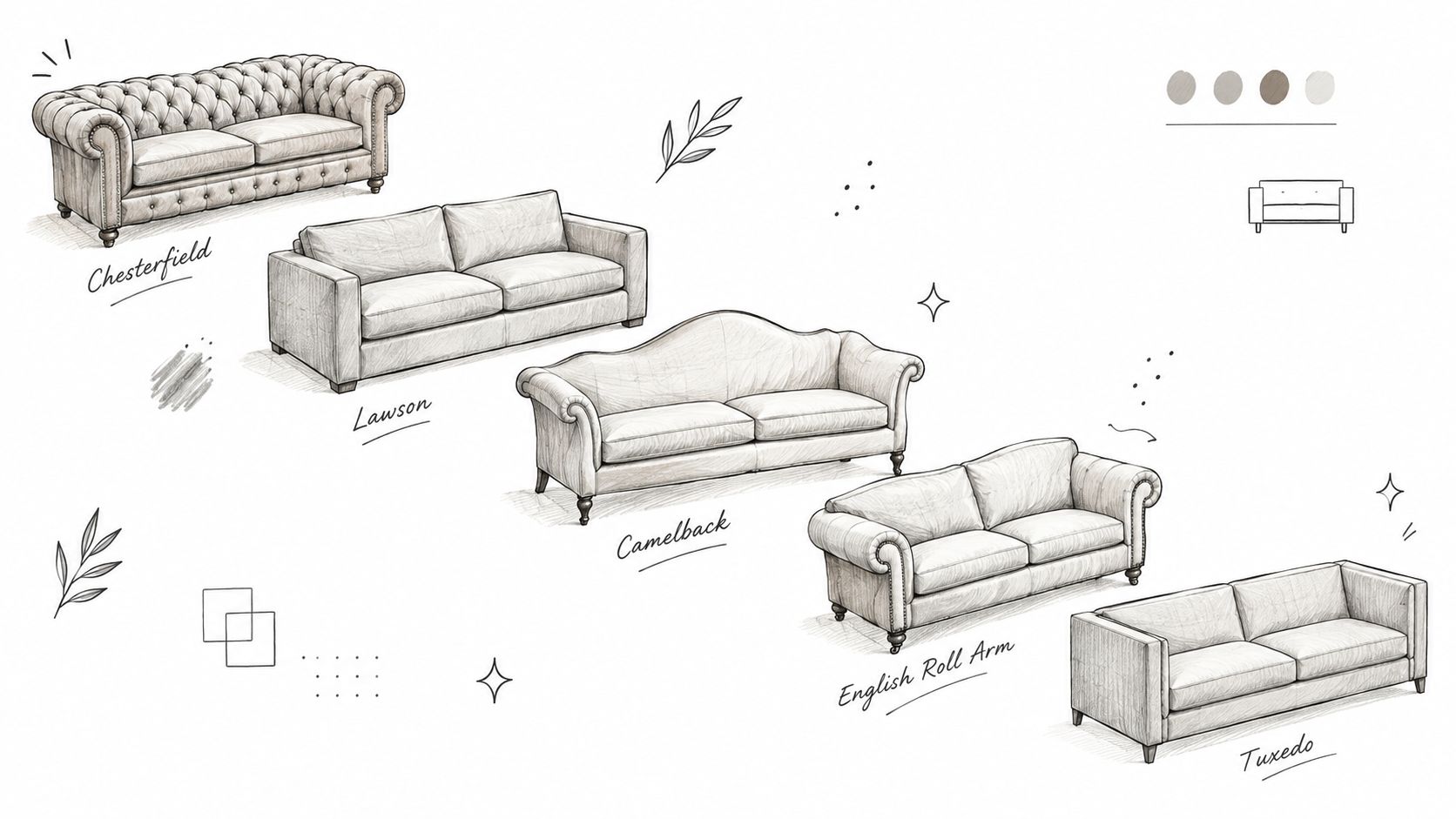 A hand-drawn sketch illustration showing five different types of classic style sofa designs on a white background.