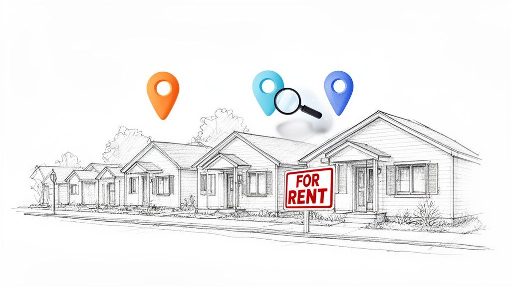 A sketch of houses with location pins, a magnifying glass, and a 'FOR RENT' sign, symbolizing property search.