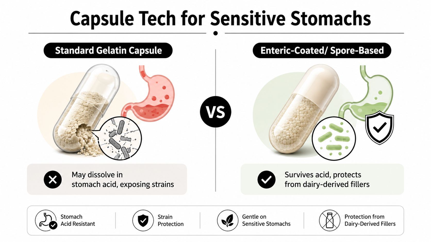 A comparison graphic showing the benefits of enteric-coated probiotic capsules over standard gelatin capsules for sensitive stomachs.