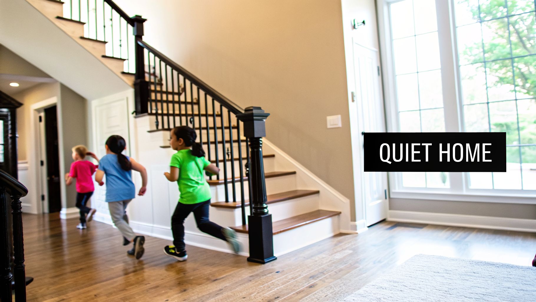 Three children run on a wooden floor in a home with a large staircase and big windows.