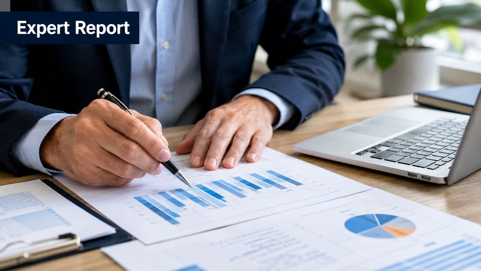A professional in a business suit analyzes financial charts and reports while sitting at a wooden desk.