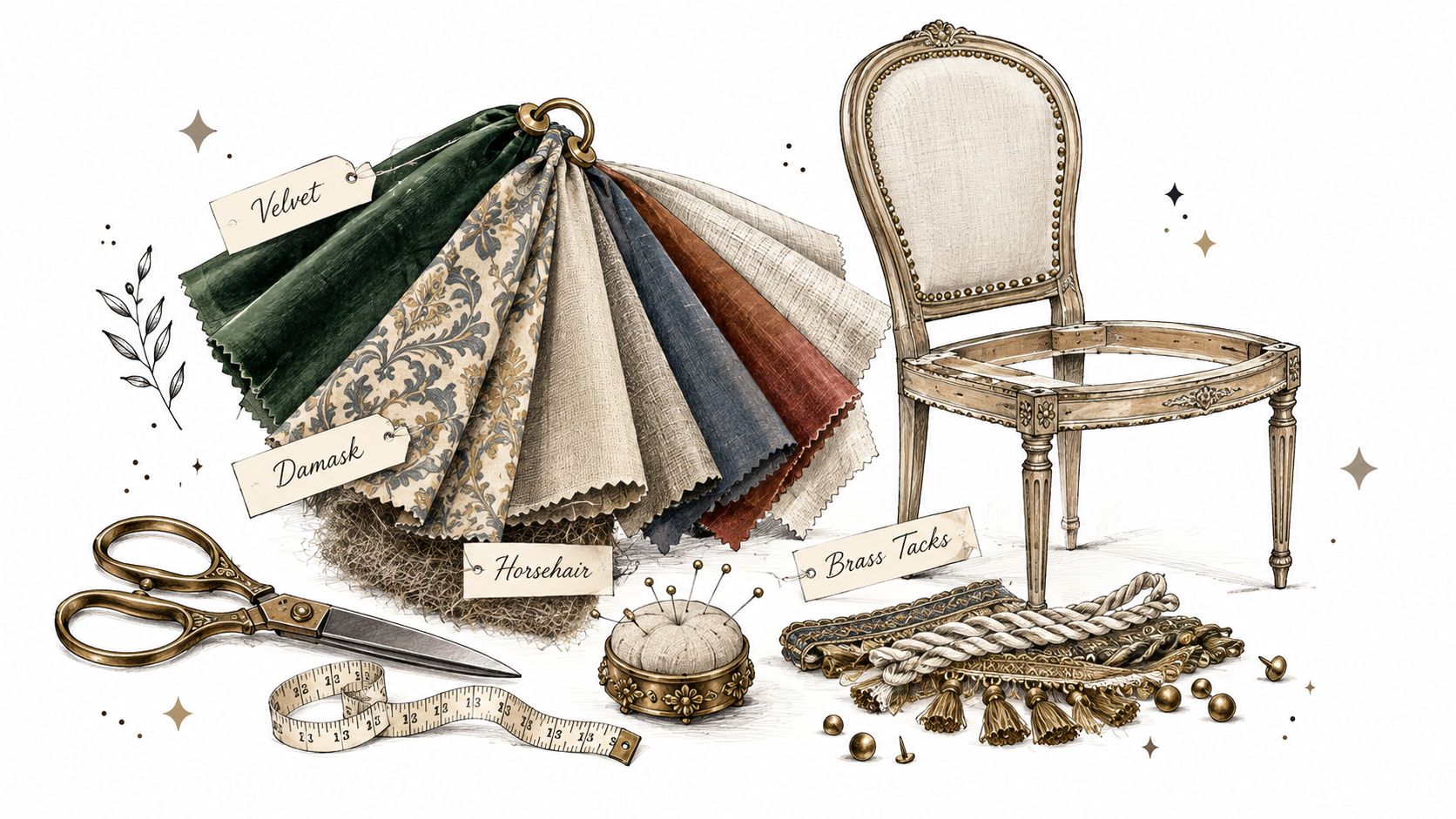 A detailed illustration showing upholstery tools, various fabric samples, and a vintage style dining chair.