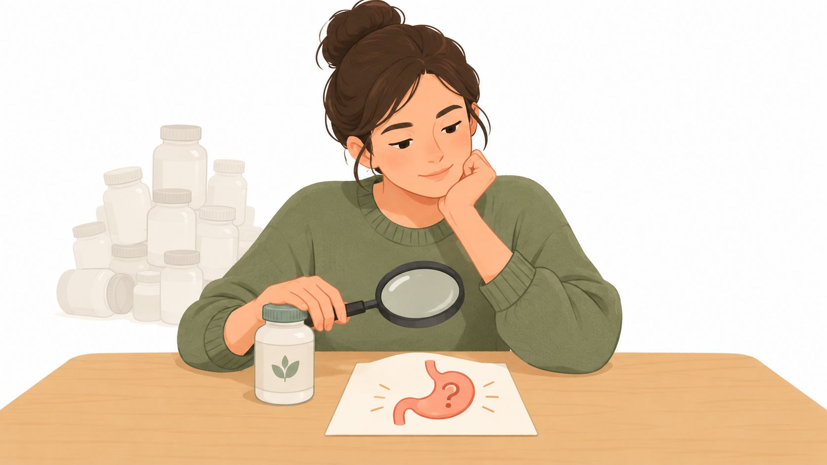 A woman looks through a magnifying glass at an illustration of a stomach, considering supplement options.