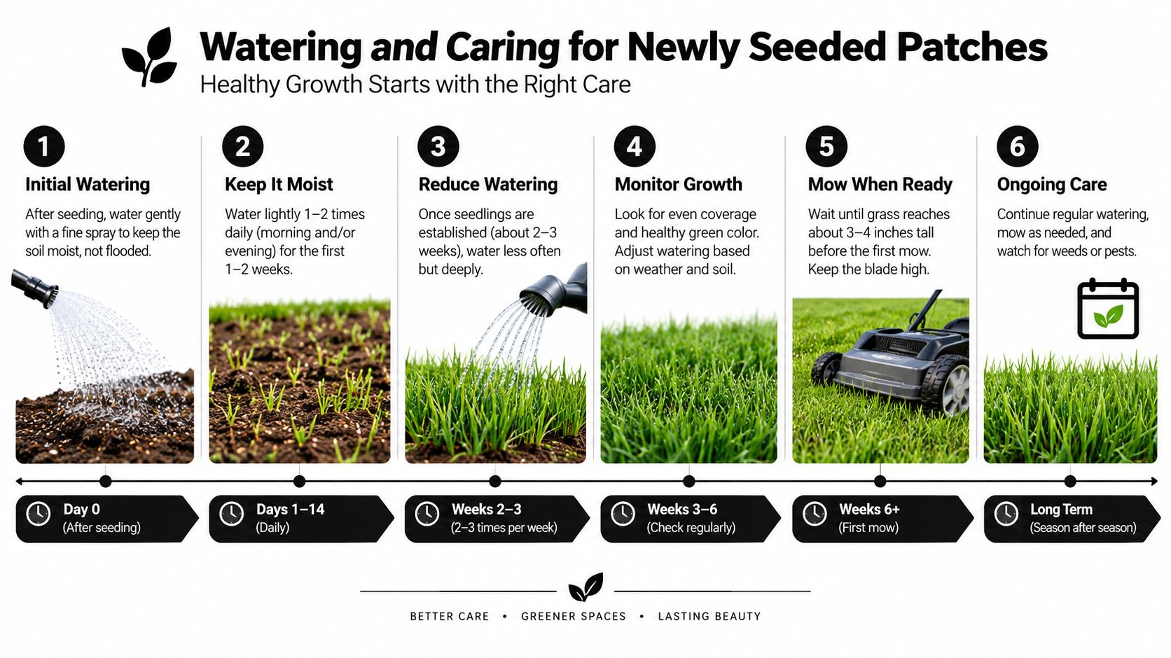 An infographic showing six steps for watering and caring for newly seeded lawn patches for healthy growth.
