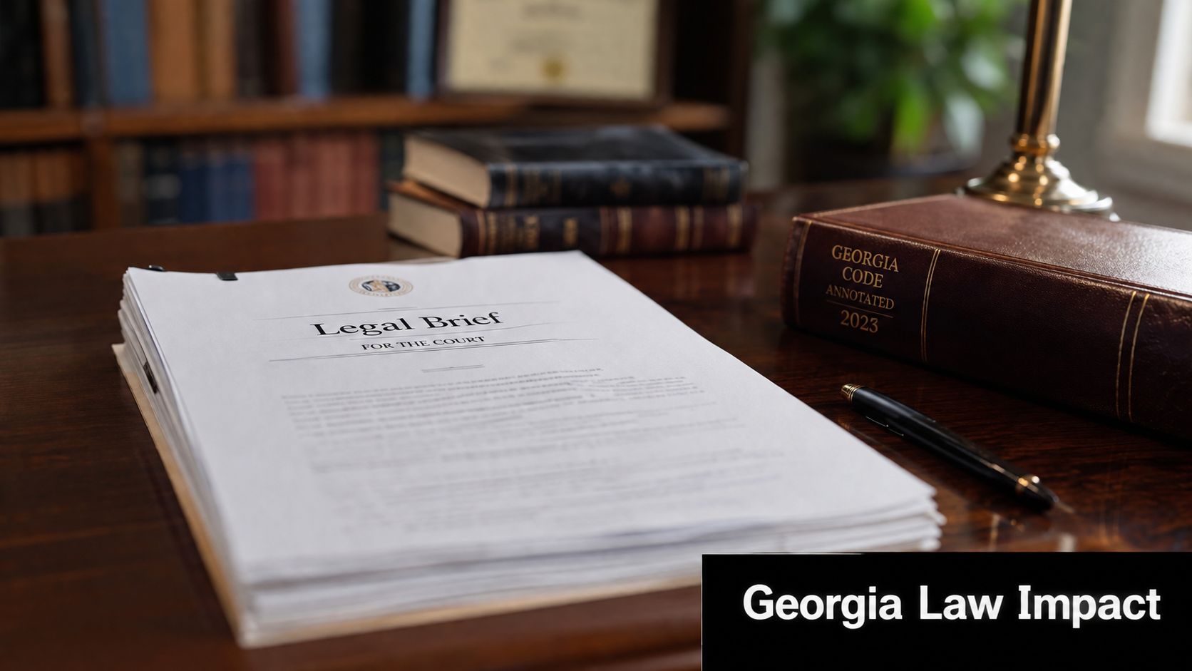 A legal brief document, a pen, and a 2023 Georgia Code Annotated book on a wooden desk.