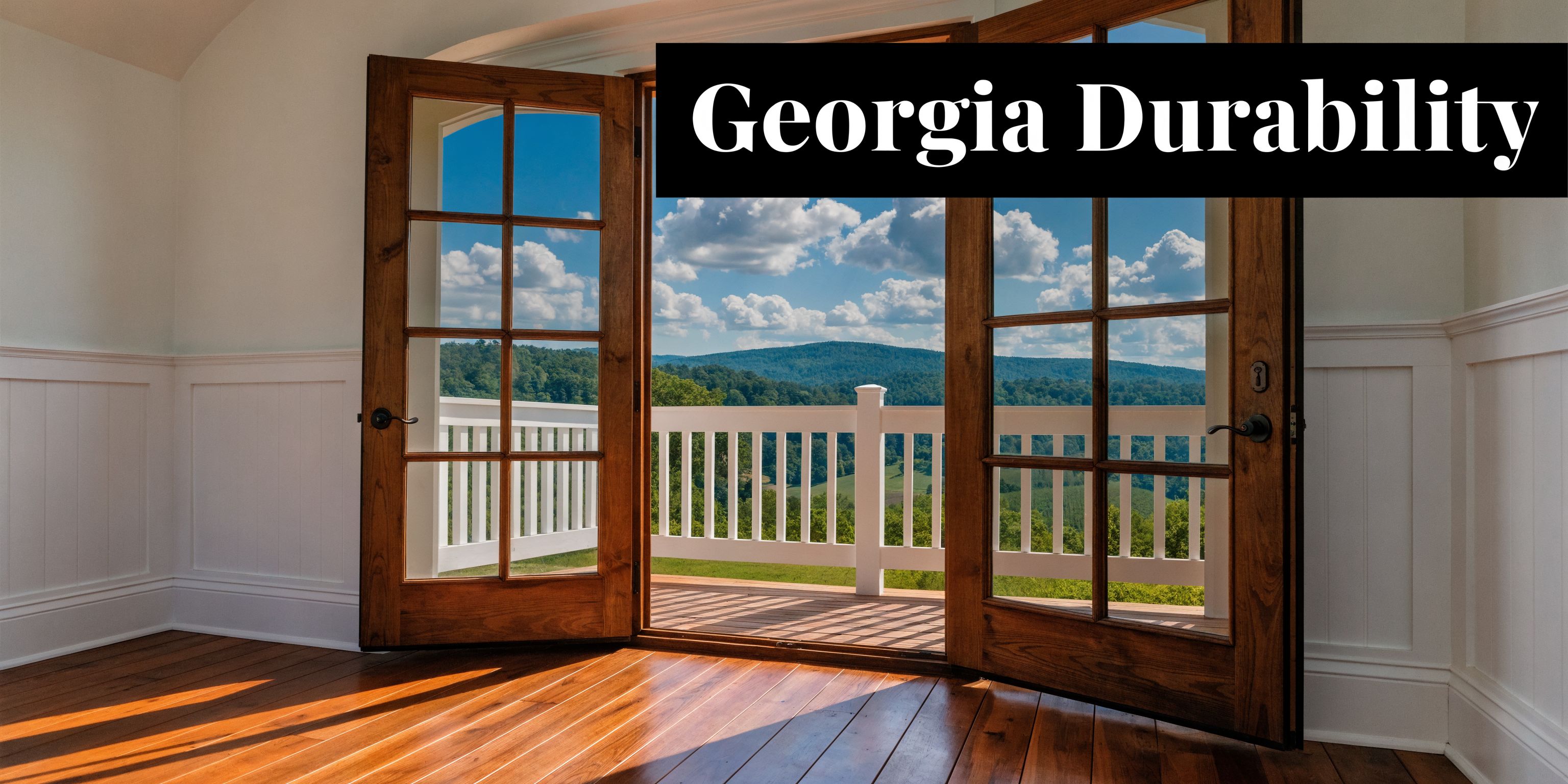 Open wooden French doors leading onto a deck with a scenic view of lush green mountain forests.