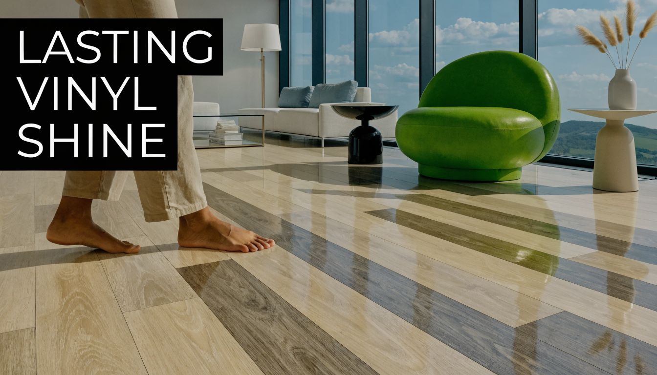 A person walks barefoot on a high-gloss, multi-toned wood-look vinyl floor in a modern room.