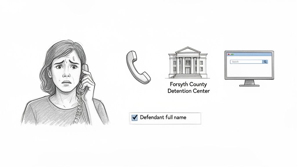 A distressed woman on the phone, with icons for a detention center and online defendant search.
