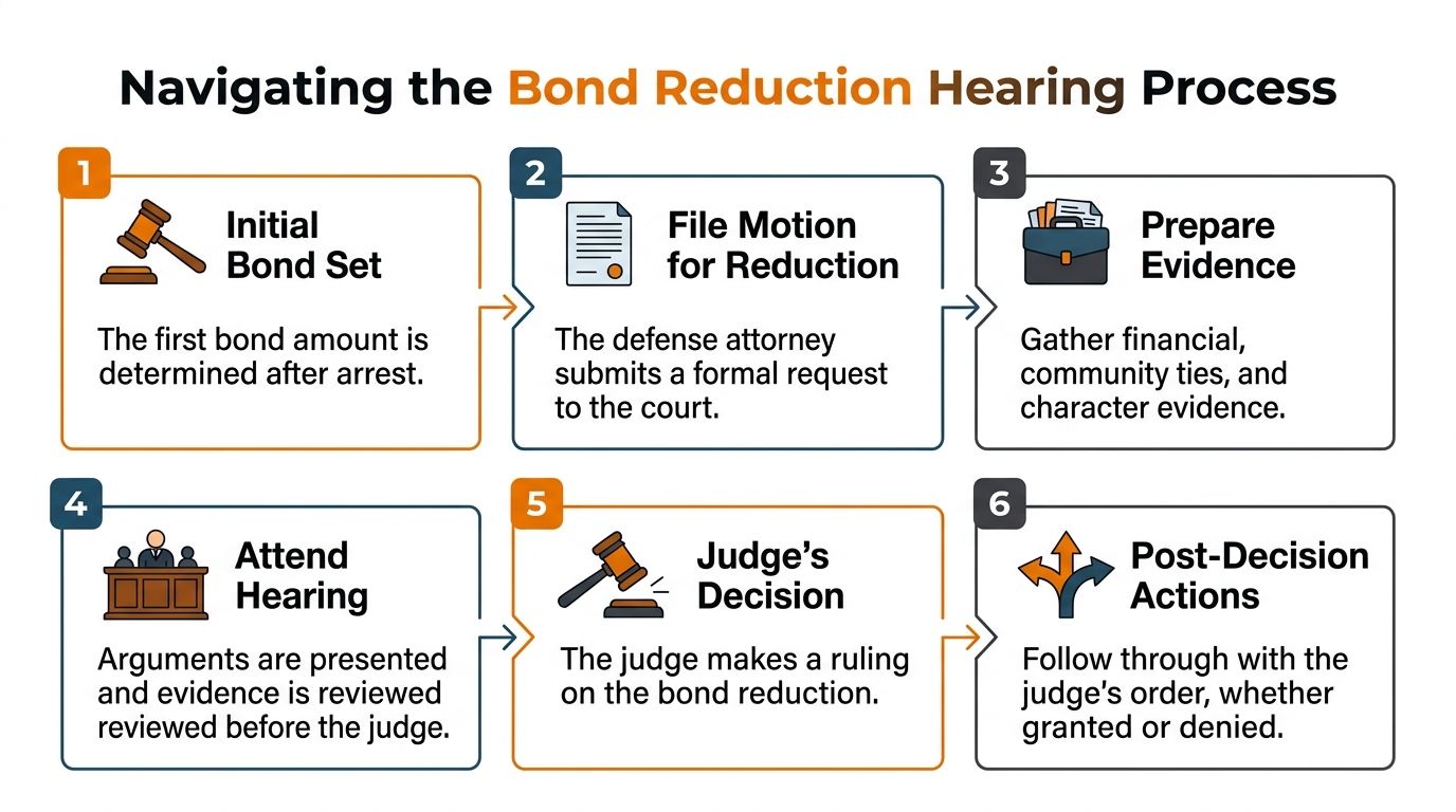 A six-step infographic explaining the legal process for requesting and attending a bond reduction hearing.
