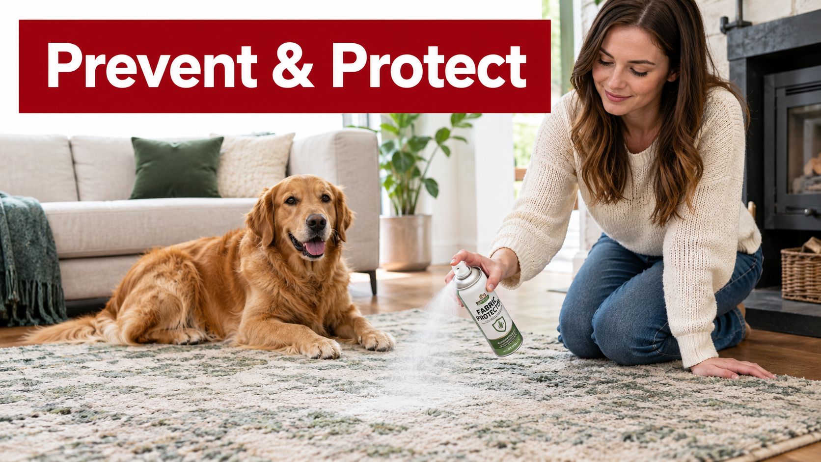 A woman kneeling on a rug while spraying professional fabric protector on the floor near a dog.