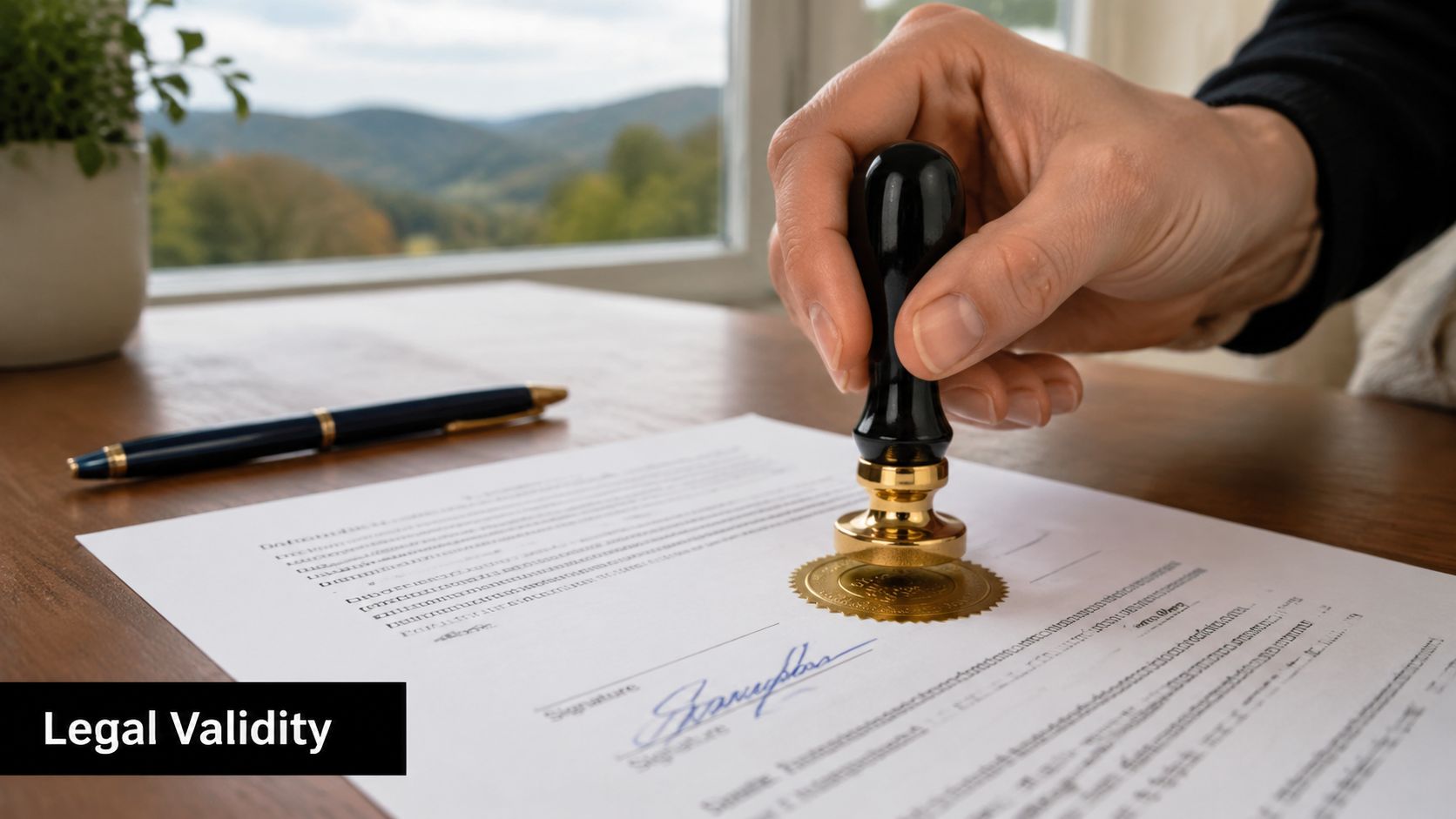 A professional hand using a classic notary seal on a legal document on a wooden desk.
