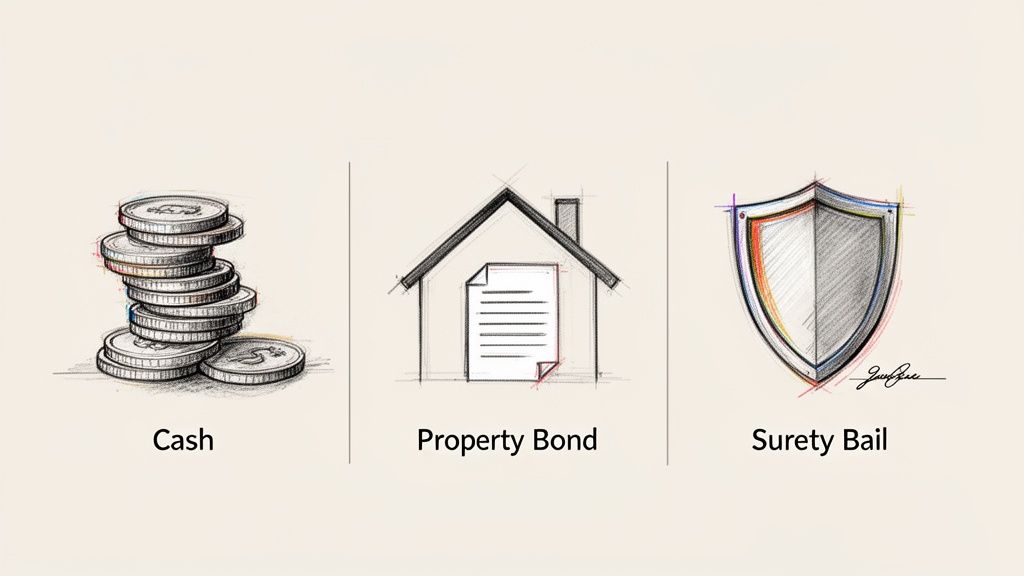 Sketch illustrations depicting three forms of bail: a cash bond, a property bond, and a surety bond.