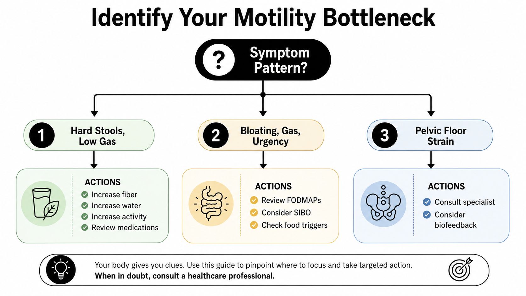 A flowchart titled Identify Your Motility Bottleneck categorized into three symptom patterns with suggested actionable steps for each.