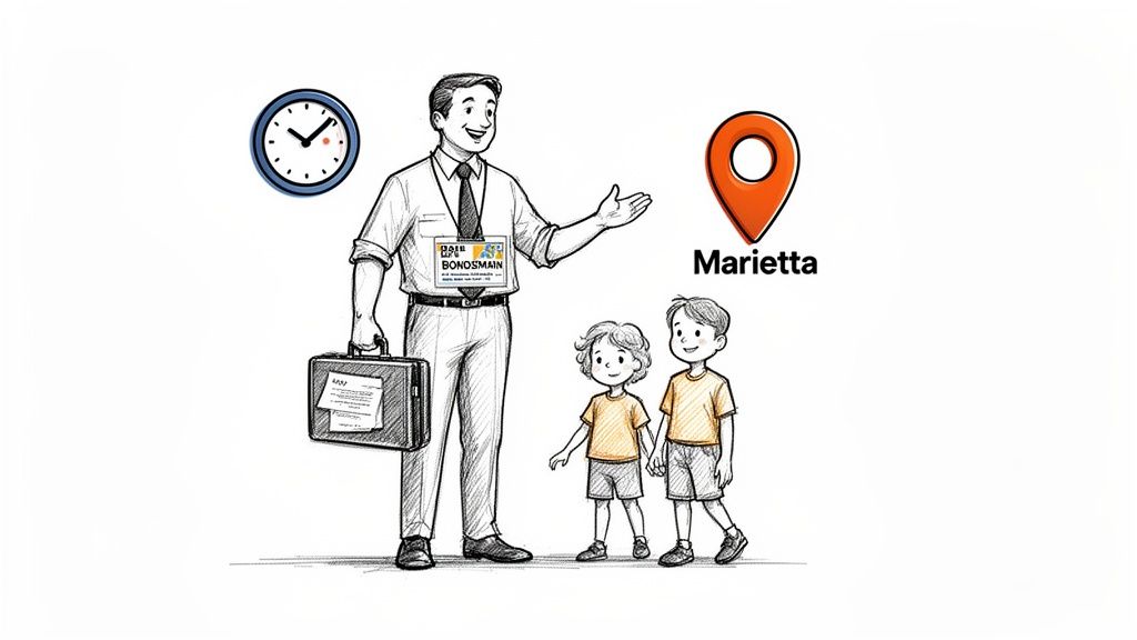 Cartoon illustration of a bondsman holding a briefcase with two children, a clock, and a Marietta location pin.
