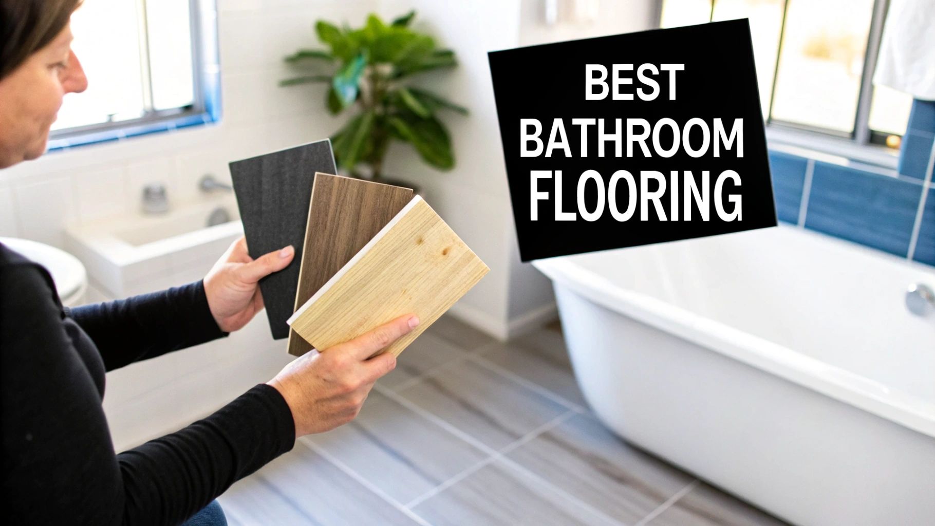 A person in a modern bathroom holds wood-look flooring samples while choosing the best option.
