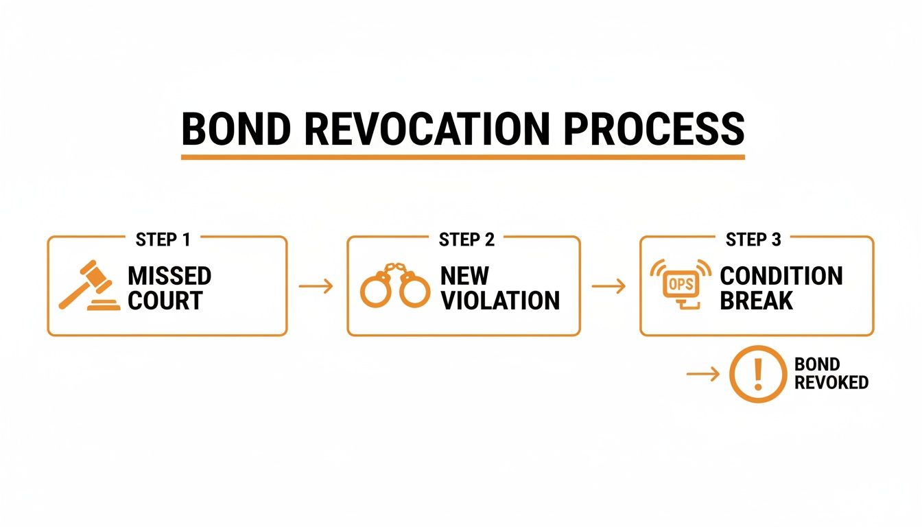 Flowchart illustrating the bond revocation process, detailing steps like missed court, new violation, or condition break, leading to bond revoked.