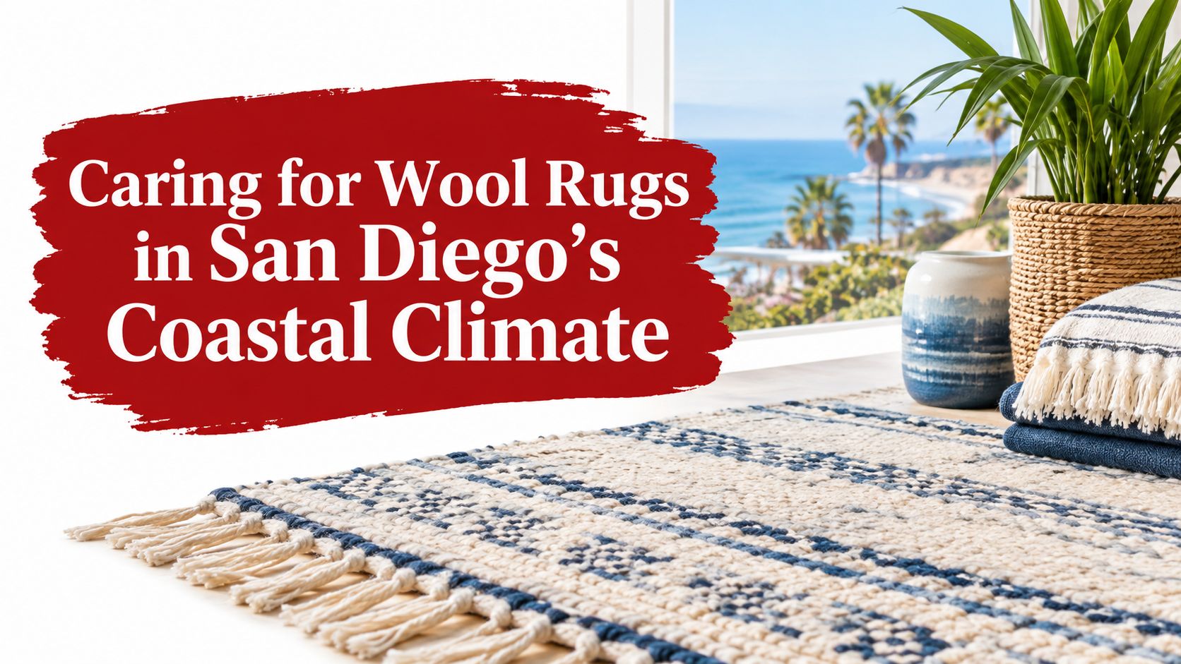 A textured wool rug with blue and cream stripes sits in a bright room with ocean view.