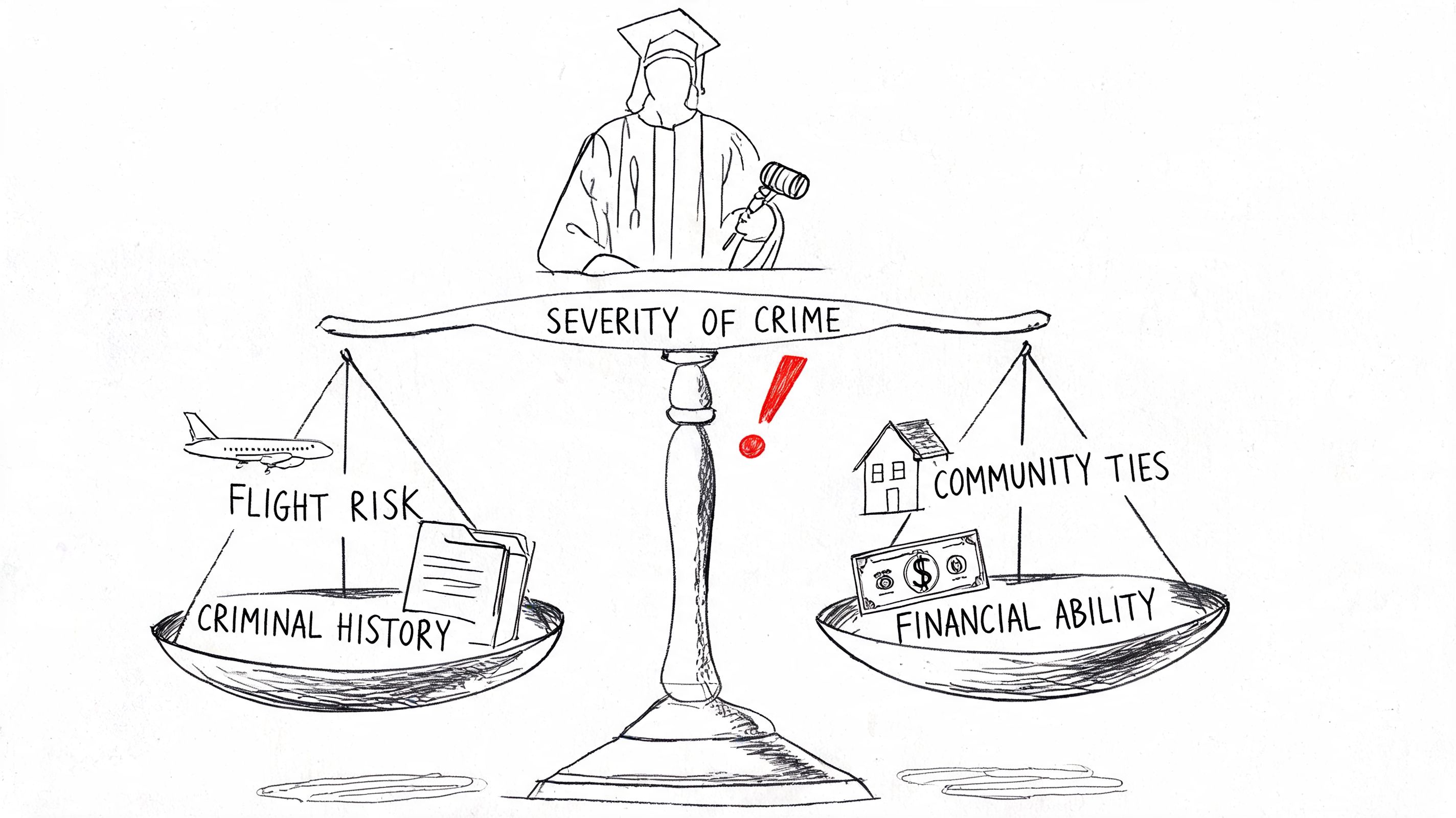 A line drawing of a balance scale depicting factors considered when determining bail for a criminal suspect.
