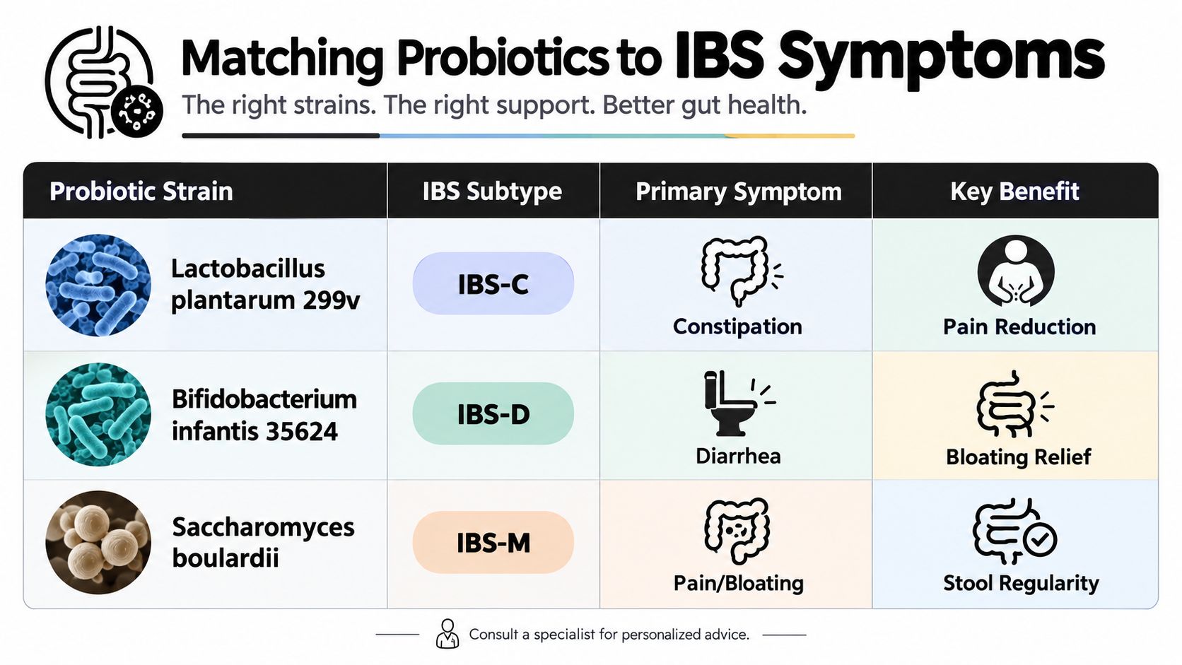 A chart showing how specific probiotic strains can be matched to different IBS symptoms and subtypes.