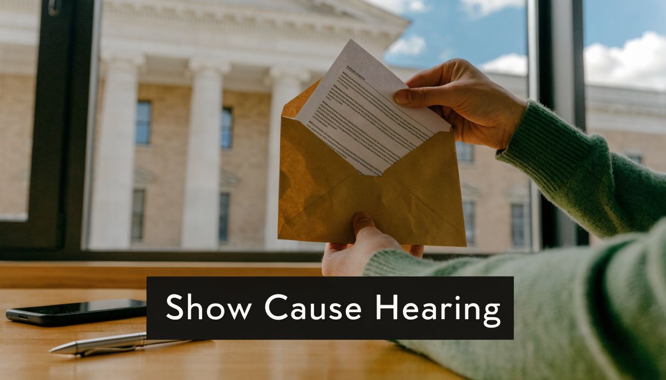 A person in a green sweater holding a letter inside an envelope before a courthouse window.