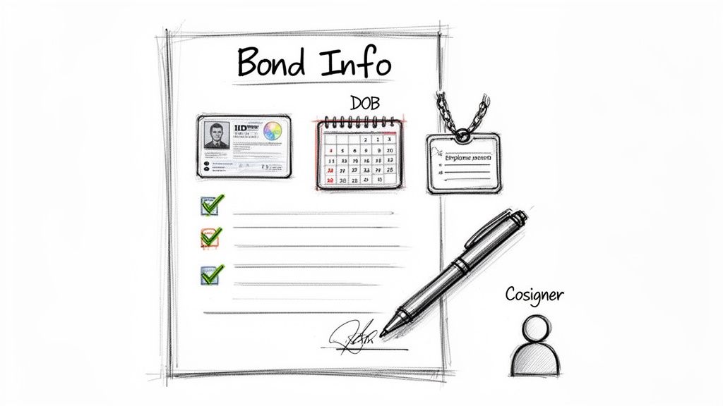 A sketch of 'Bond Info' document with ID, DOB calendar, employee record, checklist, signature, and cosigner.