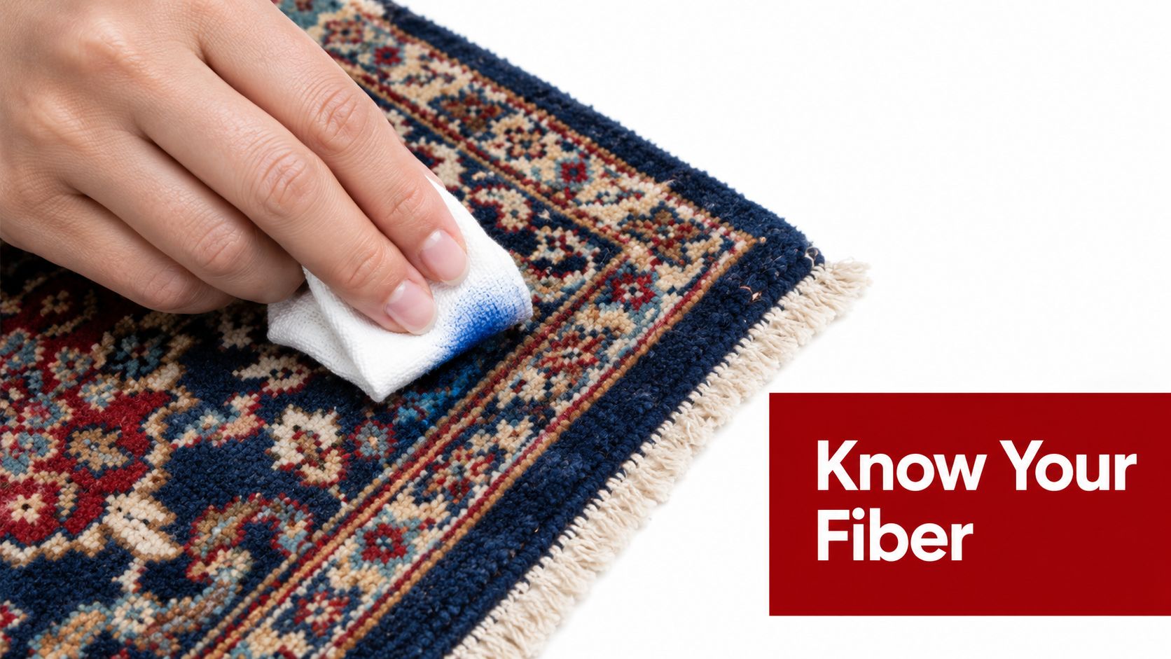 A hand holding a white cloth cleaning a patterned rug to test for color fastness.
