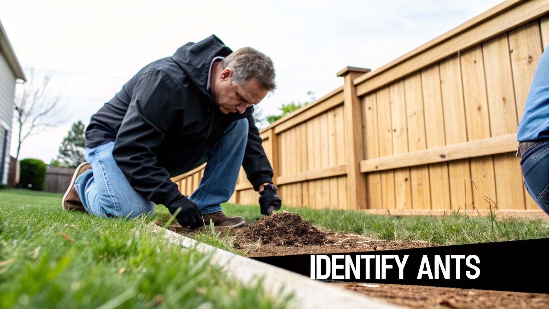 A man kneels on grass, wearing gloves, examining a pile of dirt, likely an ant nest, near a wooden fence.
