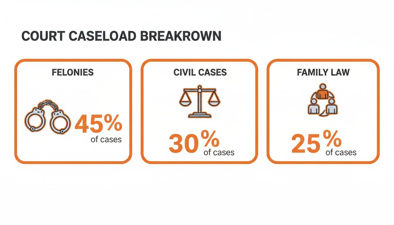 A court caseload breakdown infographic displaying percentages for felonies, civil cases, and family law.