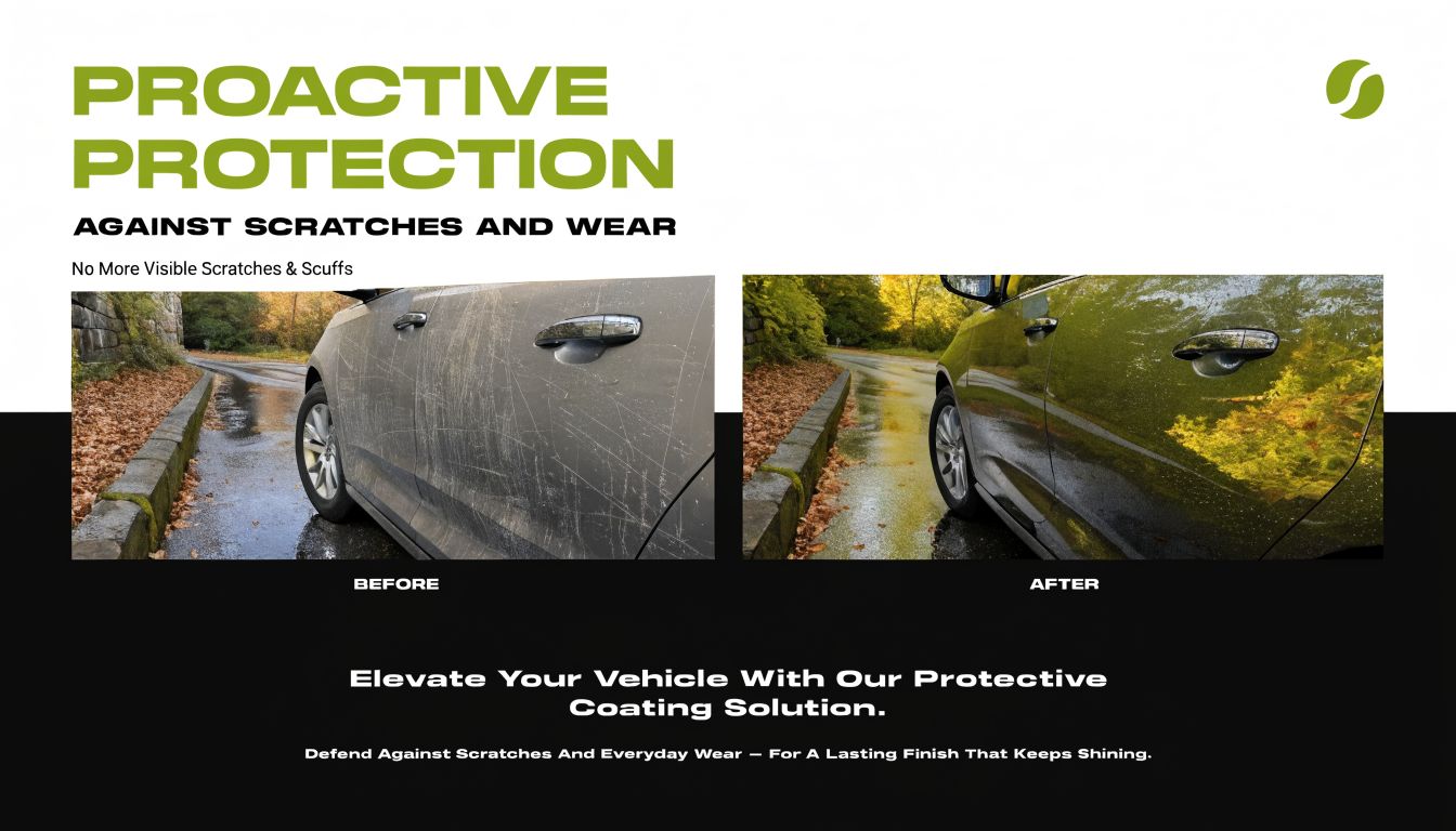 A side-by-side comparison showing a scratched car door before and after applying a protective coating treatment.