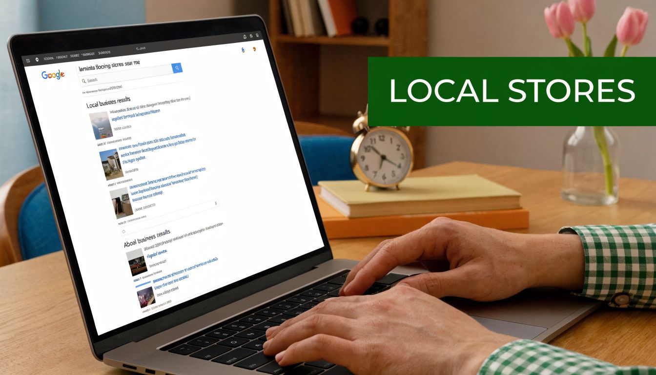 A person typing on a laptop computer showing search results for local laminate flooring stores near me.