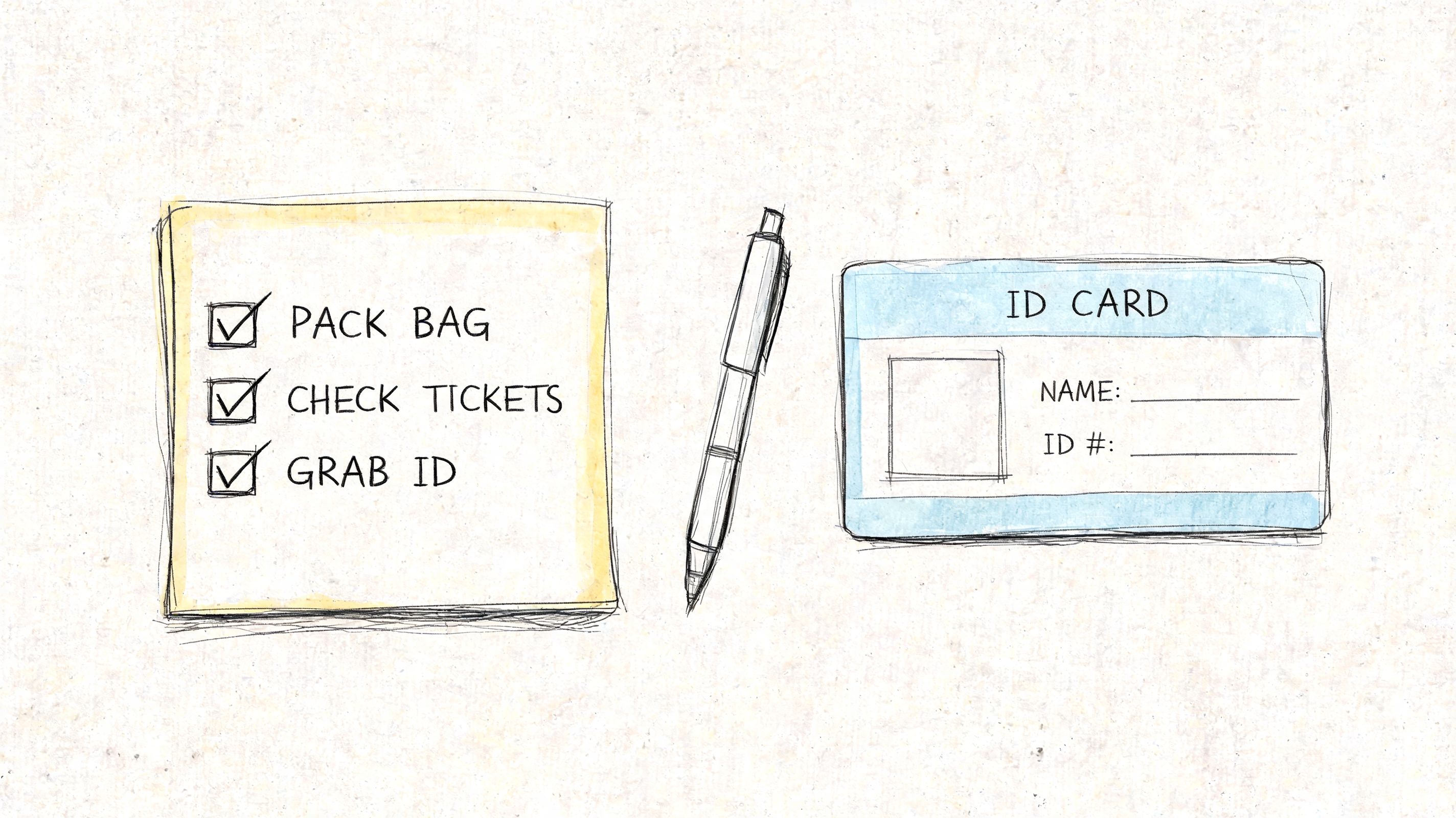 A checklist of travel tasks next to a pen and an empty identity card illustration.