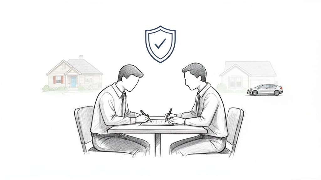 Illustration of two people signing documents with a shield icon, houses, and a car, representing insurance agreements.