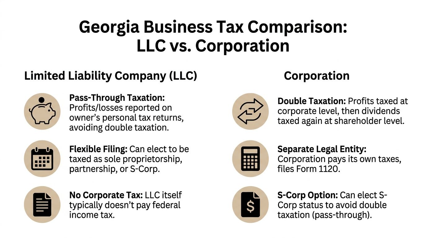 A comparison infographic showing tax differences between a Limited Liability Company and a Corporation in Georgia.