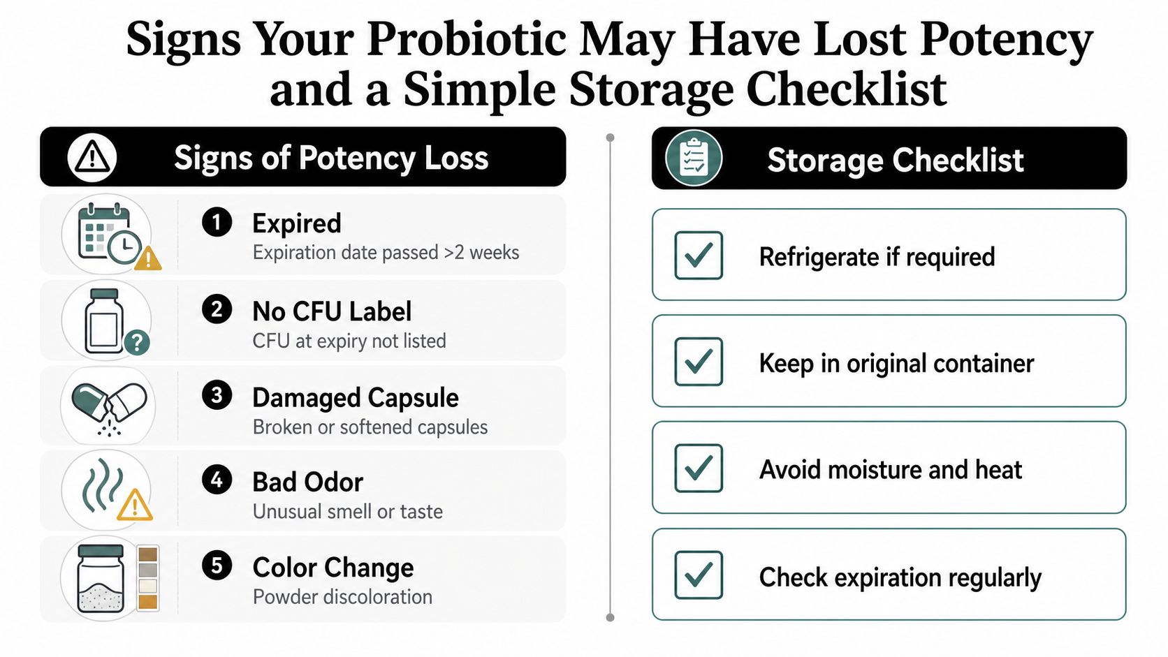 An infographic detailing five signs of probiotic potency loss and a four-point storage checklist for effectiveness.