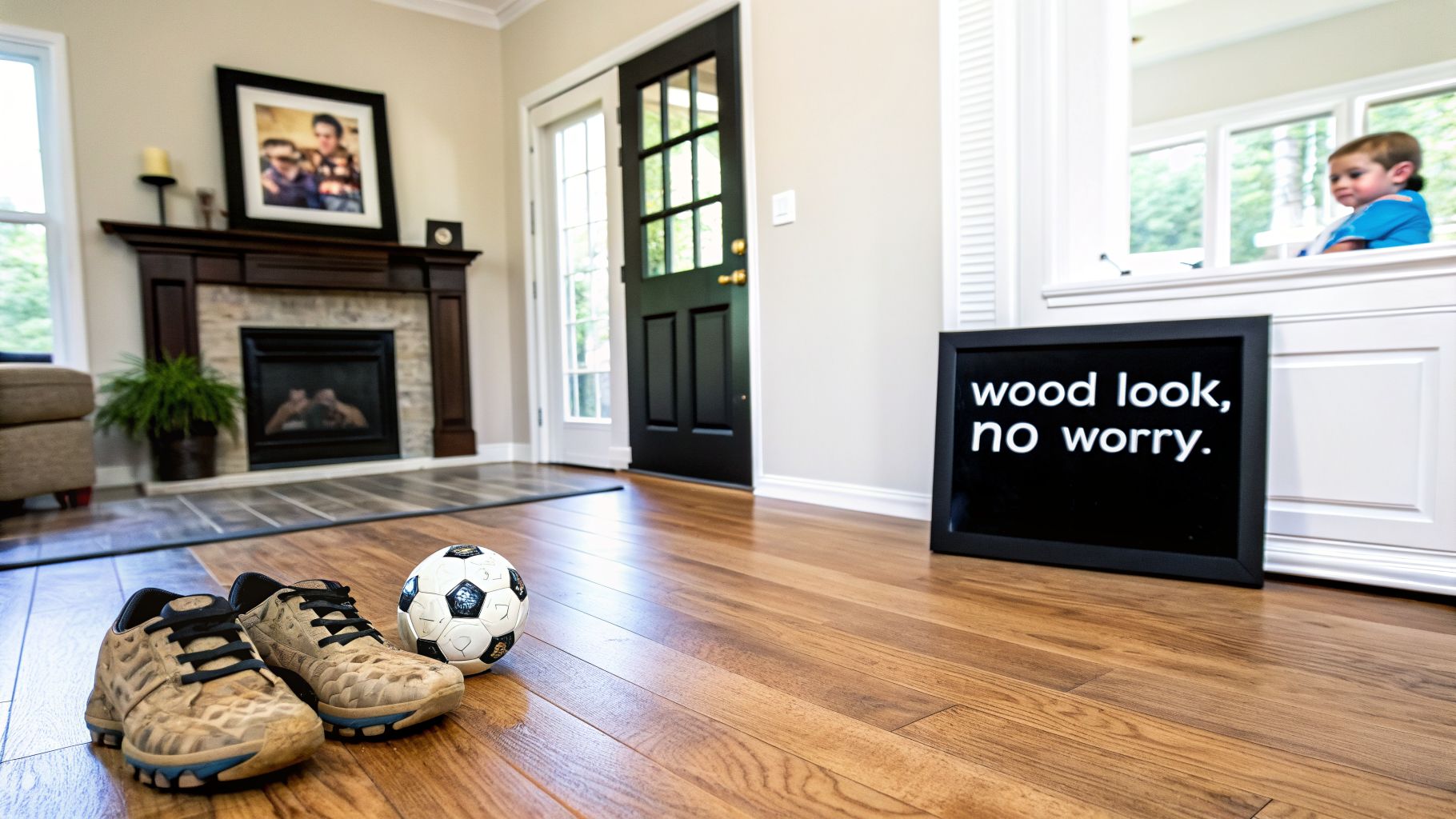 Warm wood-look flooring in a inviting living space featuring a fireplace, front door, and children's items.