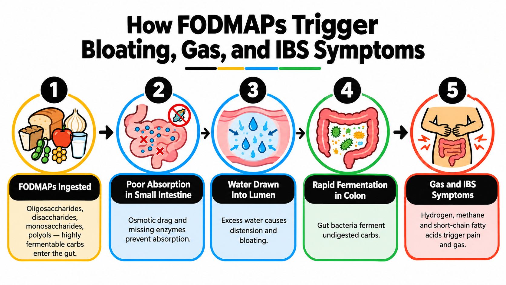 An infographic illustrating the five steps of how FODMAP foods cause bloating, gas, and IBS symptoms.