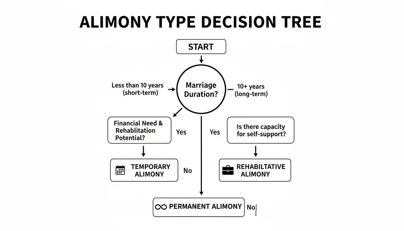 Alimony type decision tree flowchart showing steps for temporary, rehabilitative, and permanent alimony.
