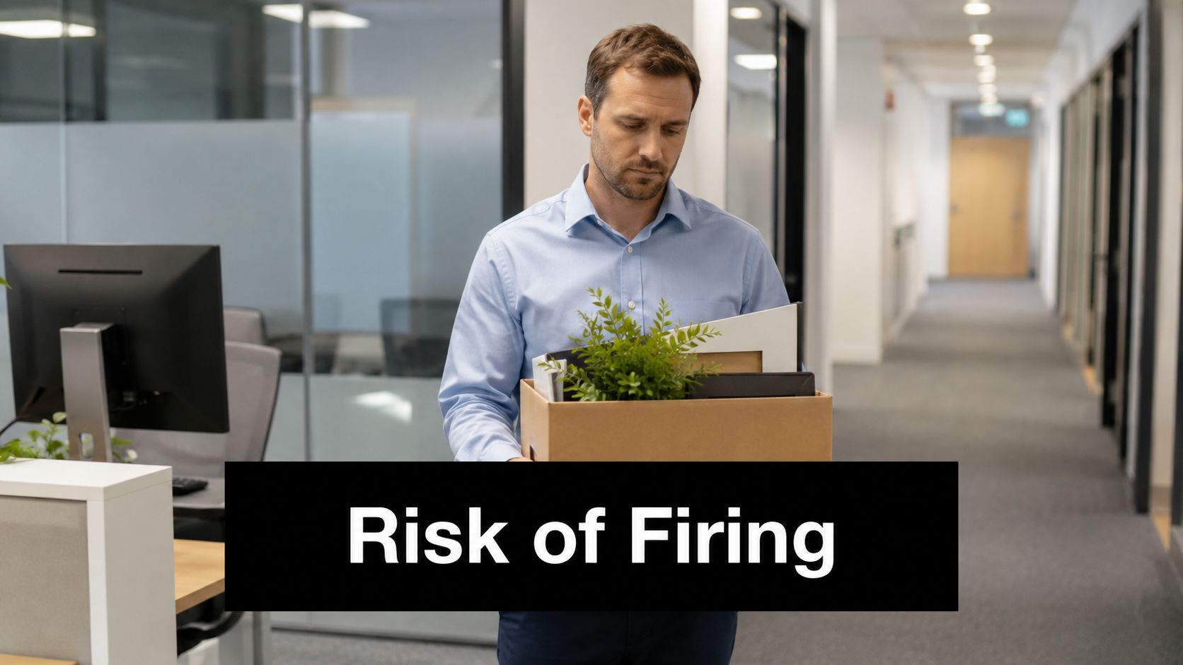 A sad man in a dress shirt carries a box of personal belongings out of an office.