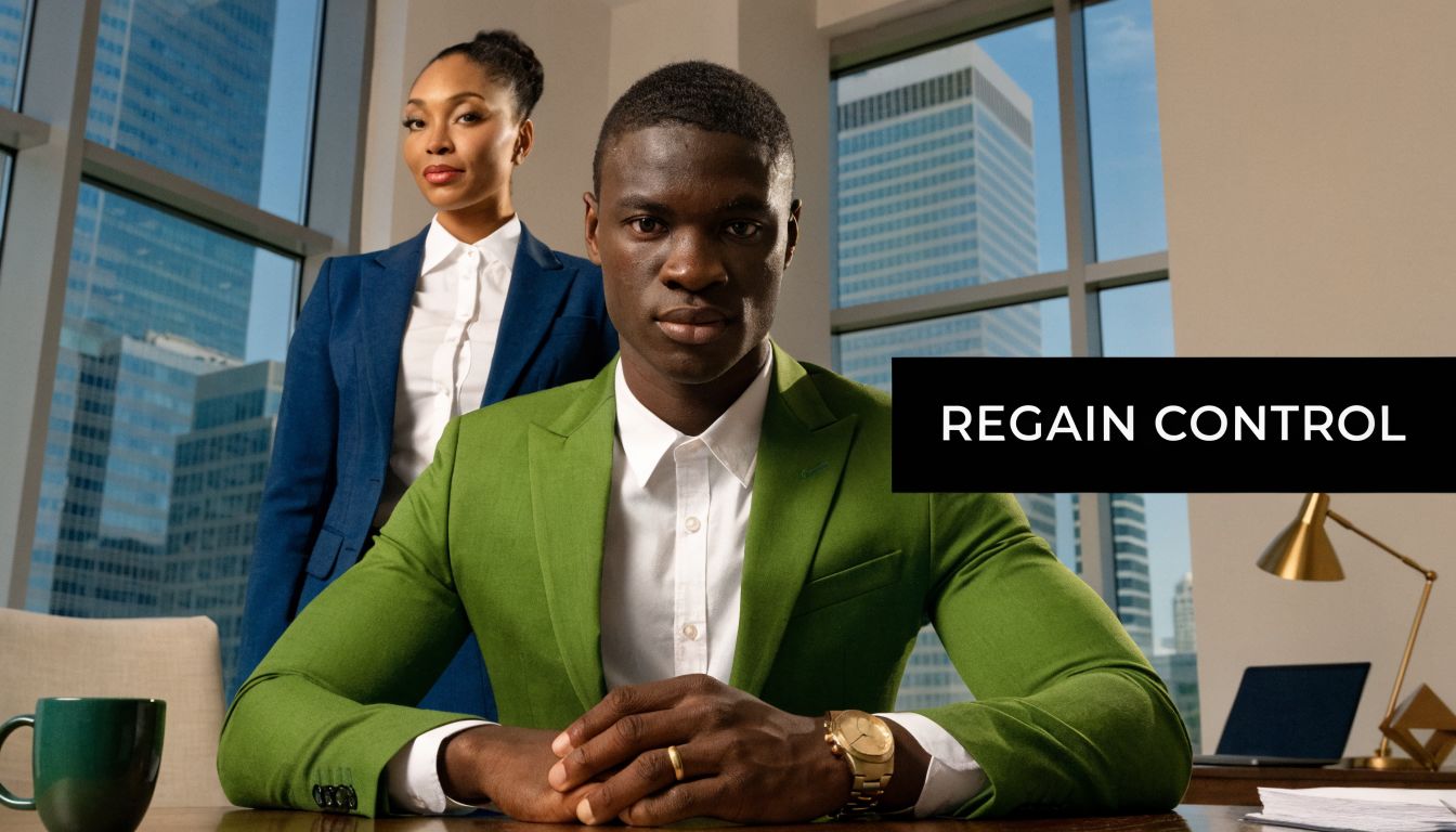 A professional man and woman in business attire stand in a high-rise office with city windows.