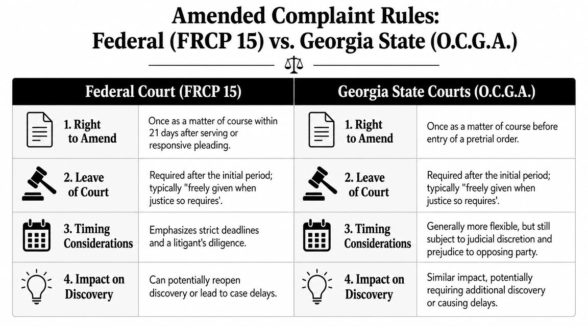 A comparison chart outlining differences between Federal FRCP 15 and Georgia State O.C.G.A. amended complaint legal rules.