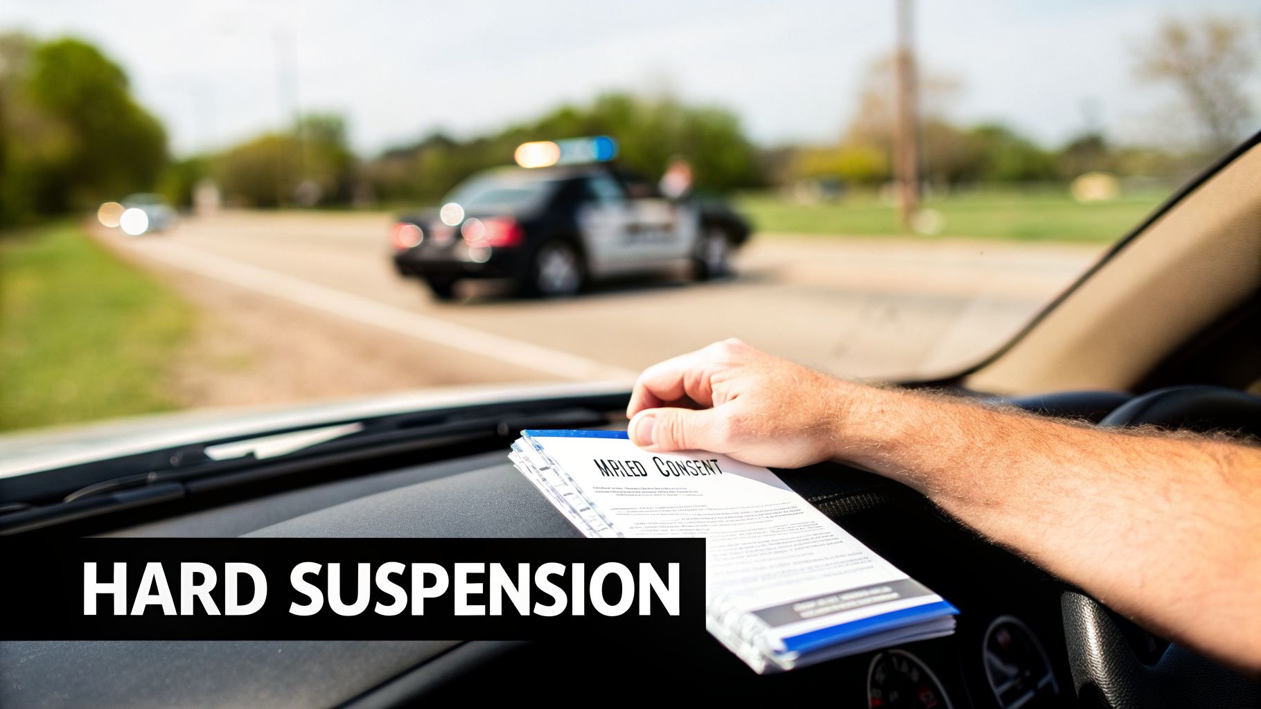 A driver's hand holds an 'Implied Consent' form during a traffic stop with a police car.