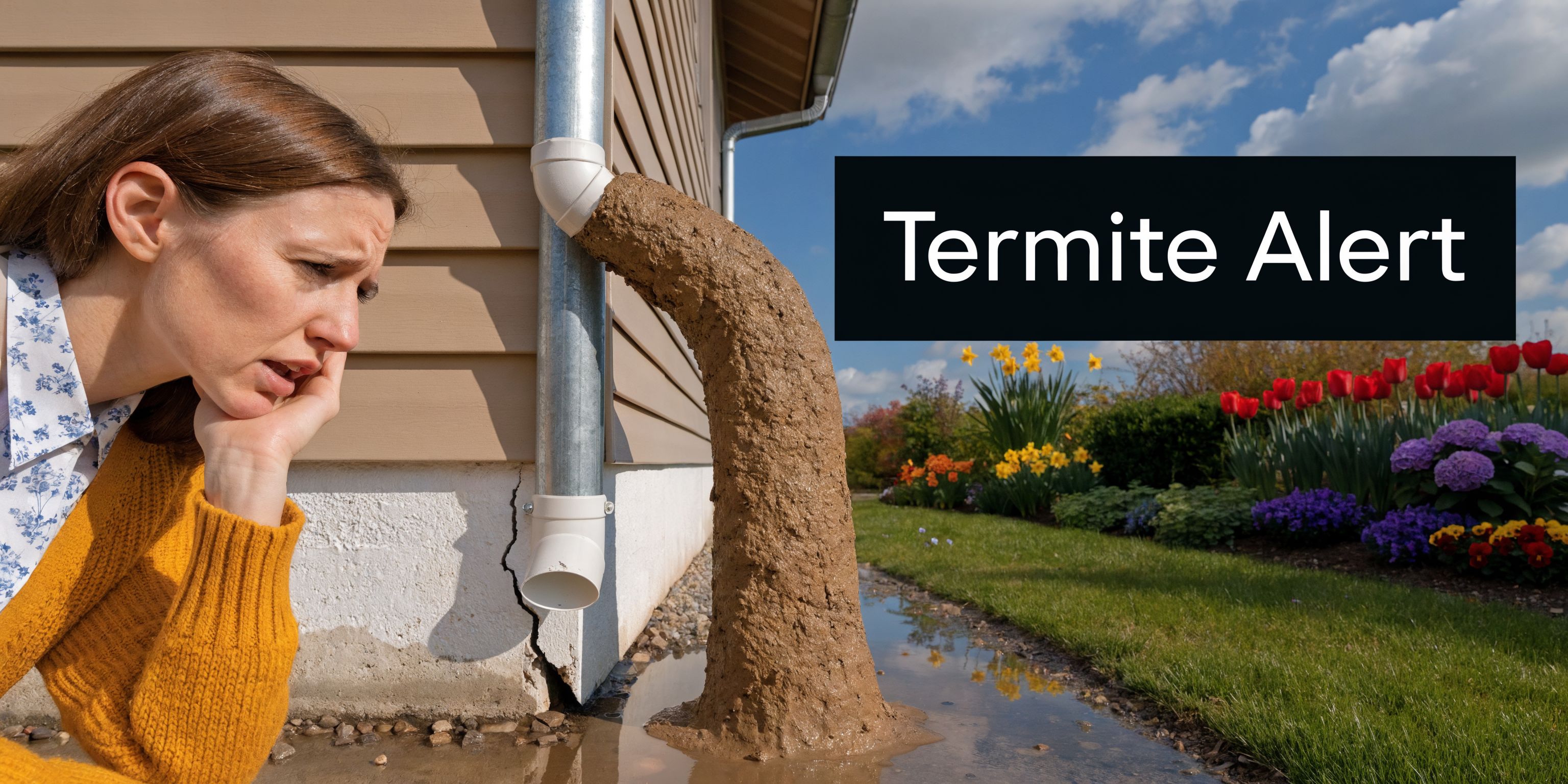 A woman looks concerned at a large termite mud tube extending from a house pipe near water.