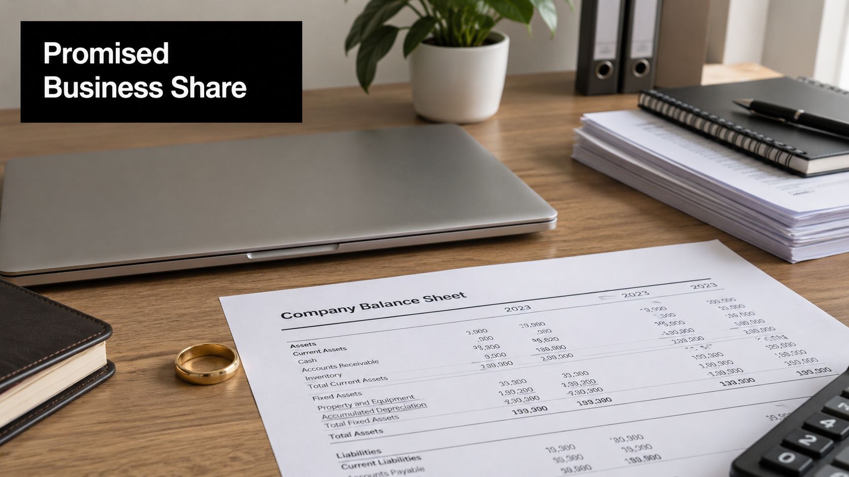 A professional desk setting featuring a laptop, a notebook, and a business balance sheet document.
