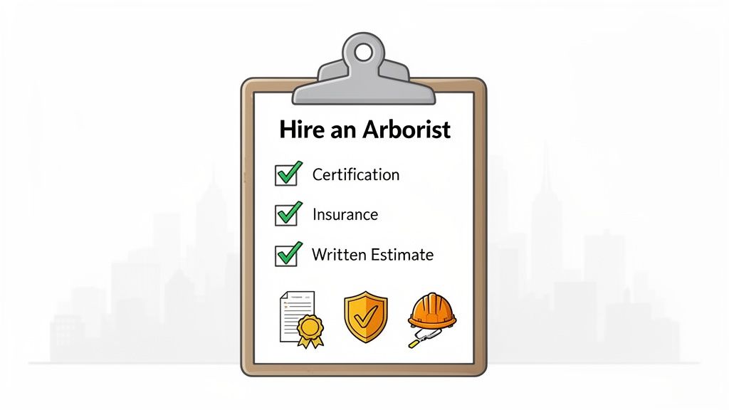 A clipboard checklist titled 'Hire an Arborist,' with items like certification, insurance, and written estimate checked.