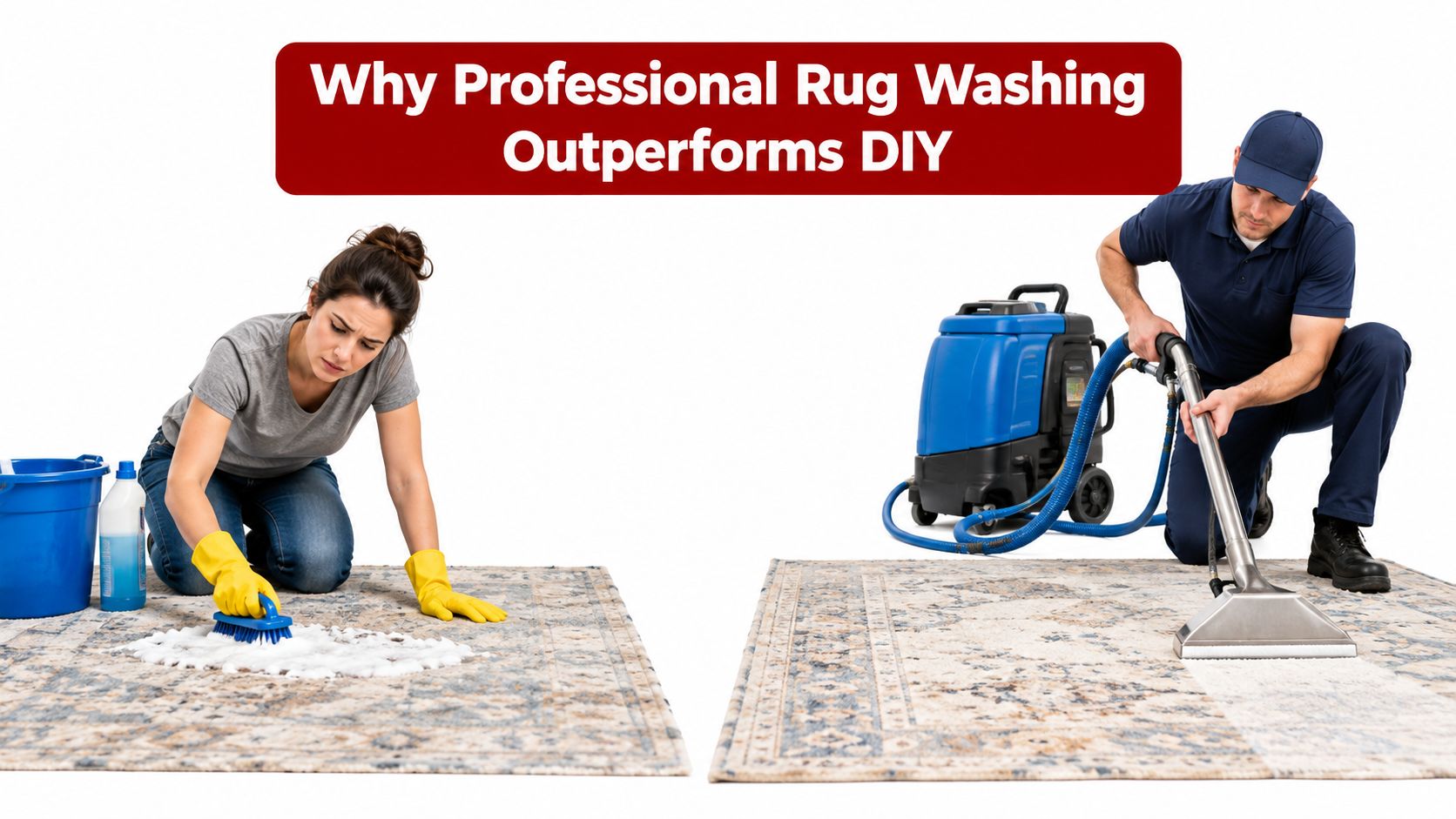 A split image comparing a person cleaning a rug by hand versus a professional rug cleaning service.