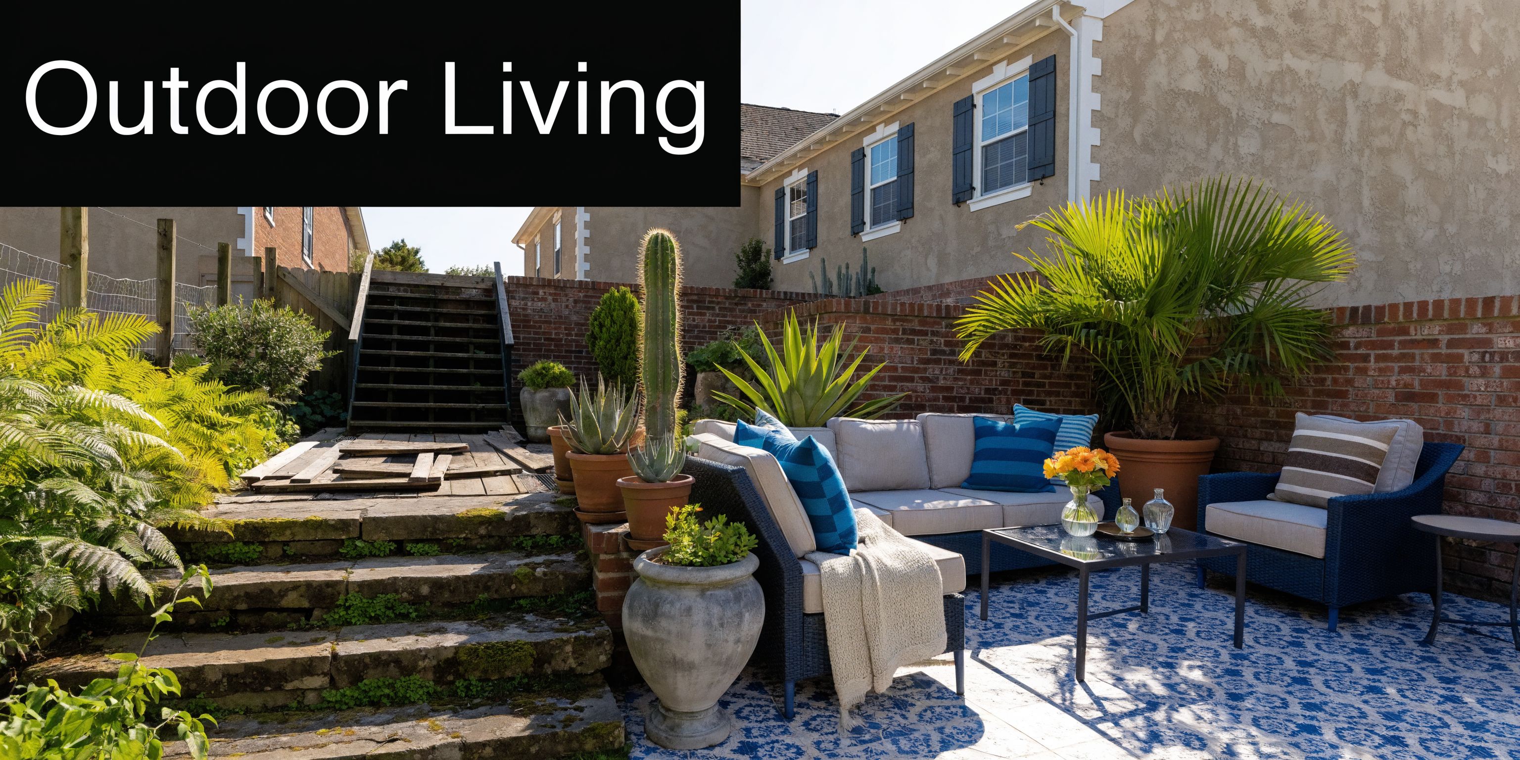A cozy outdoor patio area featuring comfortable seating, lush potted plants, and stone stairs leading up.