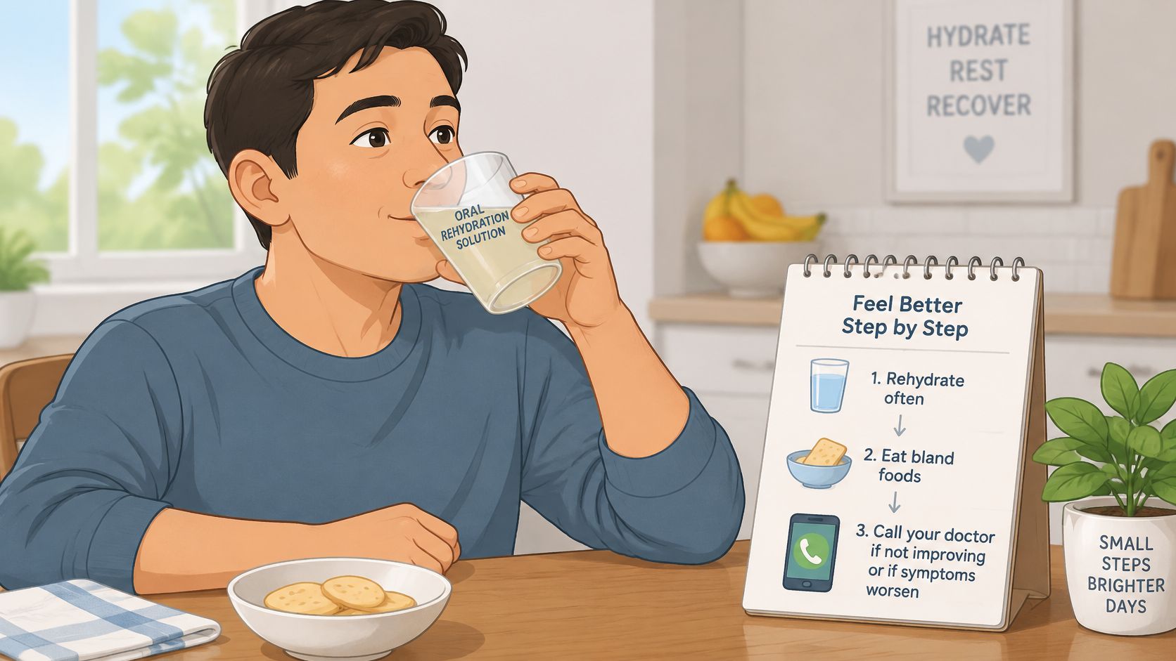 A young man drinking oral rehydration solution while following a step-by-step guide to recover at home.