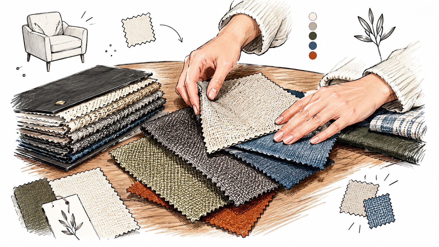 An interior designer selecting textured upholstery fabric samples to coordinate with a chair sketch.