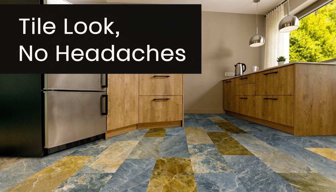 A modern kitchen interior featuring natural wood cabinets and stylish stone-look laminate flooring with blue and gold tones.